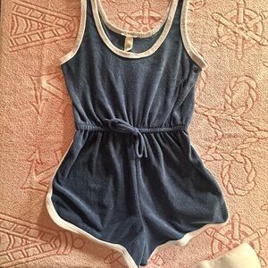 Full Tilt Navy Terry Romper with Cream Trim